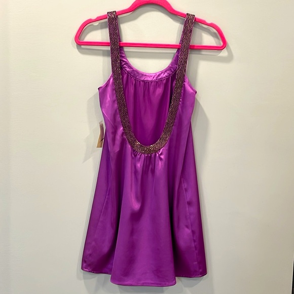 Arden B Dresses & Skirts - Arden B Satin Low Back Beaded Halter Raspberry Purple Mini Dress -XS